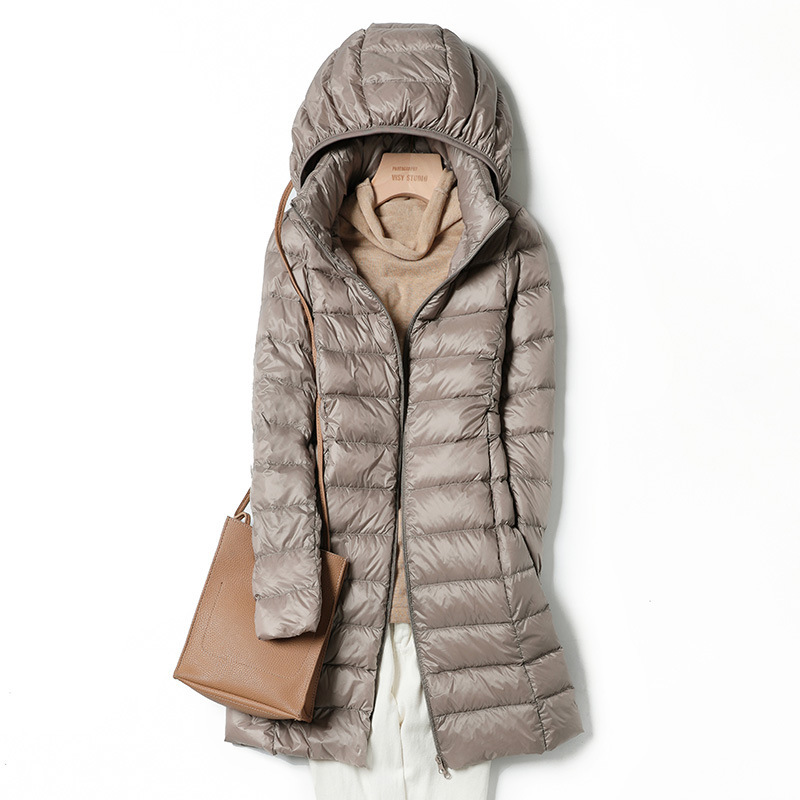 2023 Winter Womens Korean Fashion Slim Remove Hooded Parka Fashionable Outerwear Down Jackets Long Light Thin Coat Puffer Jacket