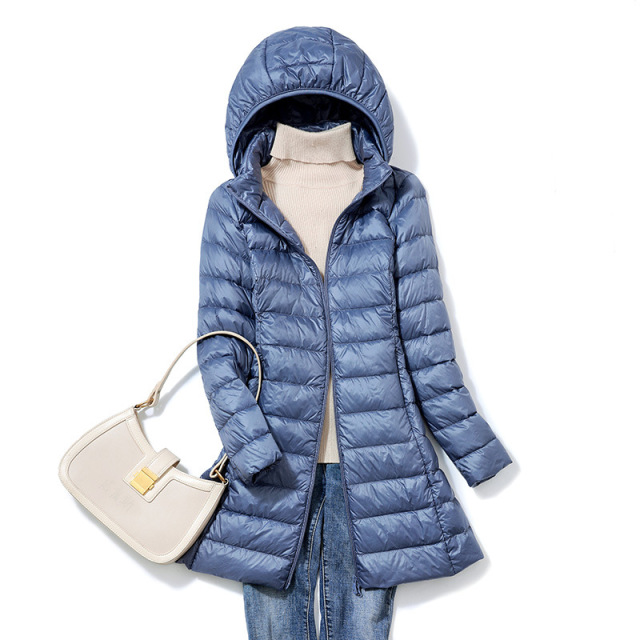 2023 Winter Womens Korean Fashion Slim Remove Hooded Parka Fashionable Outerwear Down Jackets Long Light Thin Coat Puffer Jacket