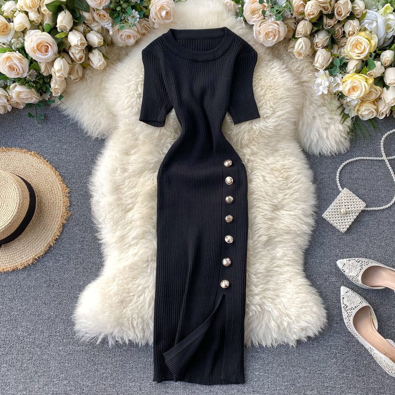 Vestidos Solid Korean Vintage High Waist Women Dress Bodycon Sexy Stretch Knitted 2024 Summer Dresses Chic 16347