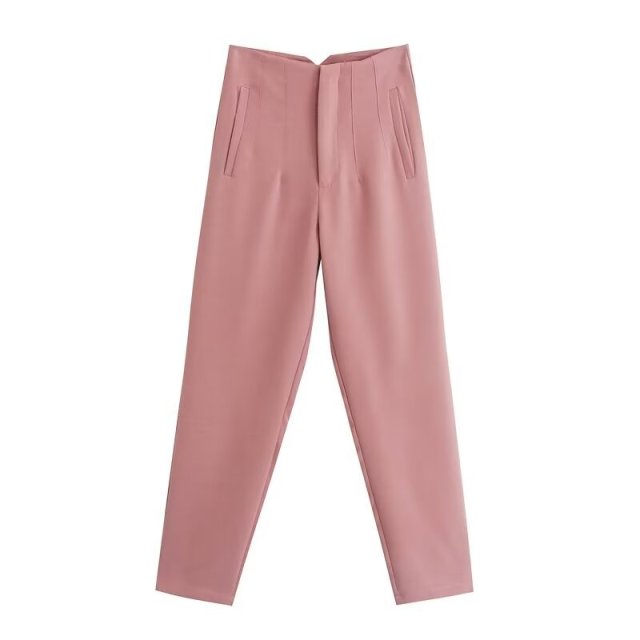 TRAF Women Fashion With Pockets Casual Basic Solid Pants Vintage High Waist Zipper Fly Female Ankle Trousers Pantalones Mujer