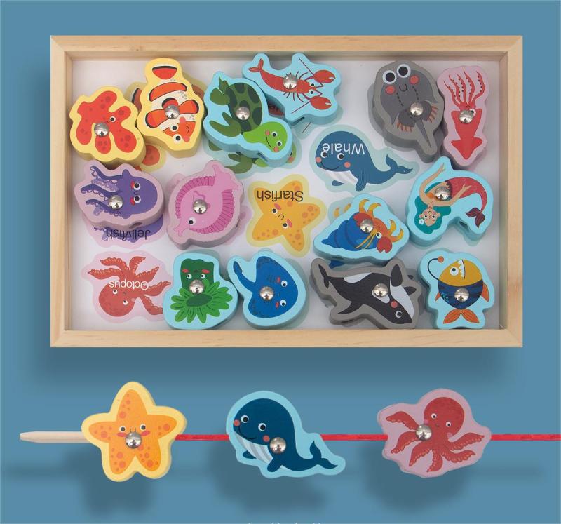Montessori Wooden Fishing Toys For Children Magnetic Marine Life Cognition Fish Games Parent-Child Interactive Educational Toy