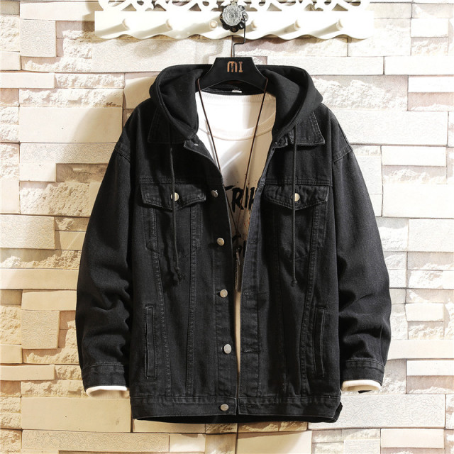 Denim Jacket Men Hooded Casual Men Jean Jackets Streetwear Solid Color Turn Down Collar Denim Coats Men Jacktes Hat Detachable