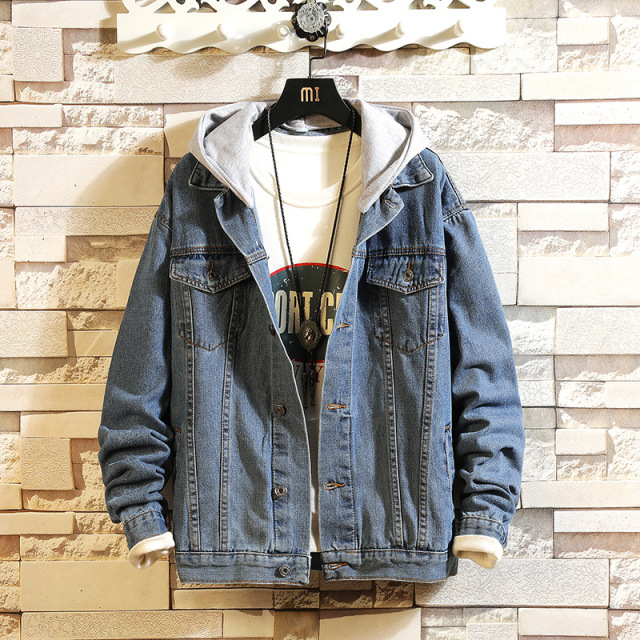 Denim Jacket Men Hooded Casual Men Jean Jackets Streetwear Solid Color Turn Down Collar Denim Coats Men Jacktes Hat Detachable