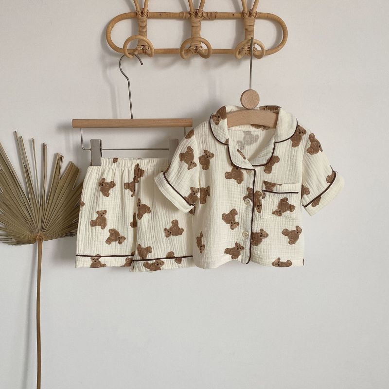 EWODOS 1-6 Years Toddler Baby Kids Unisex Casual Pajama Suit Cartoon Bear Print Long Sleeve Front Pocket Lapel Tops+ Long Pants