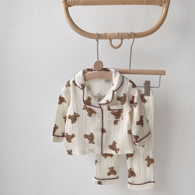 EWODOS 1-6 Years Toddler Baby Kids Unisex Casual Pajama Suit Cartoon Bear Print Long Sleeve Front Pocket Lapel Tops+ Long Pants