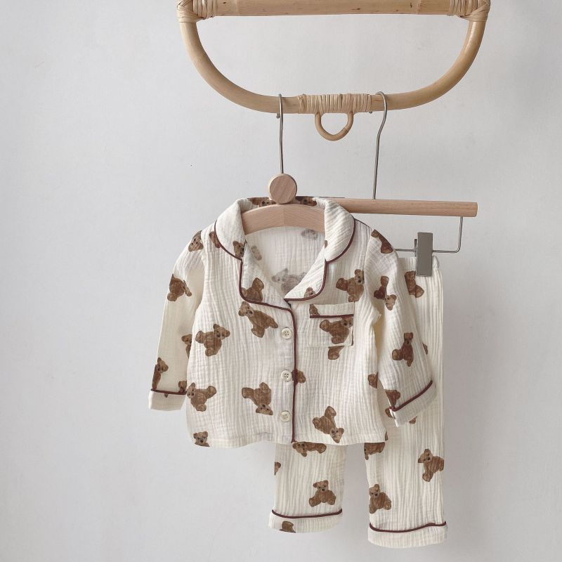 EWODOS 1-6 Years Toddler Baby Kids Unisex Casual Pajama Suit Cartoon Bear Print Long Sleeve Front Pocket Lapel Tops+ Long Pants