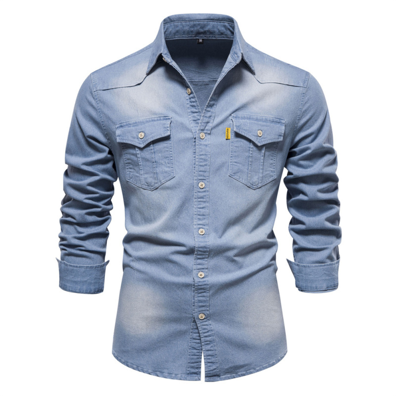 Men's Denim Shirt High Quality Cotton Elastic Spring Long Sleeve Denim Jacket Casual Slim Fit Streetwear Clothing Cowboy Shirts