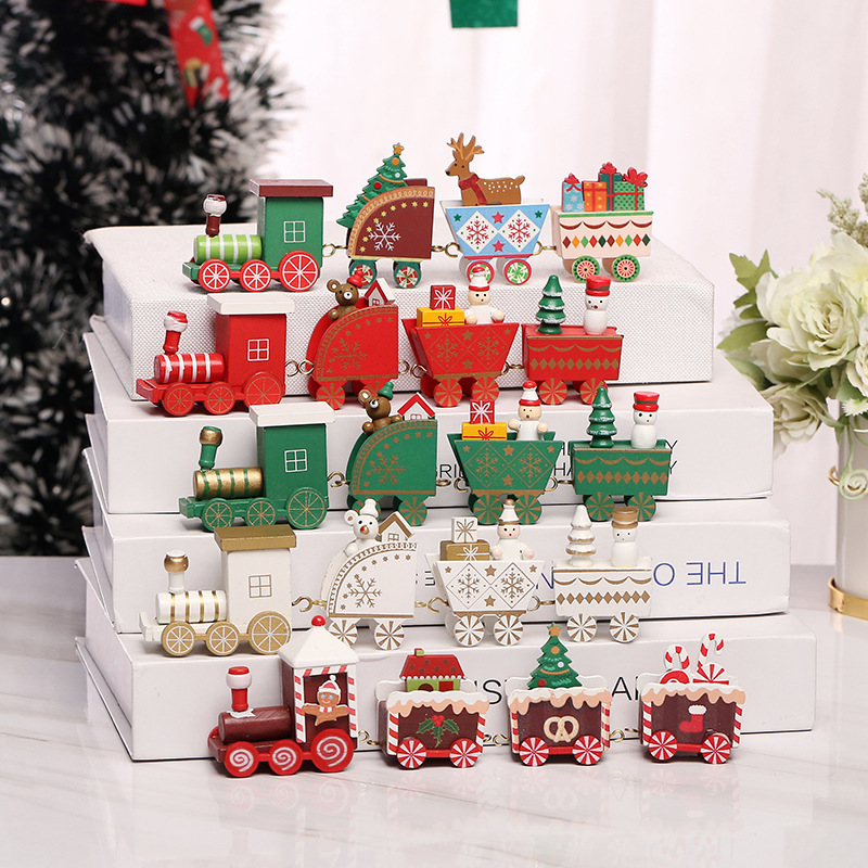 Wooden Train Christmas Ornament Decorations with Gingerbread Snowman Christmas Tree Figurine Xmas Noel