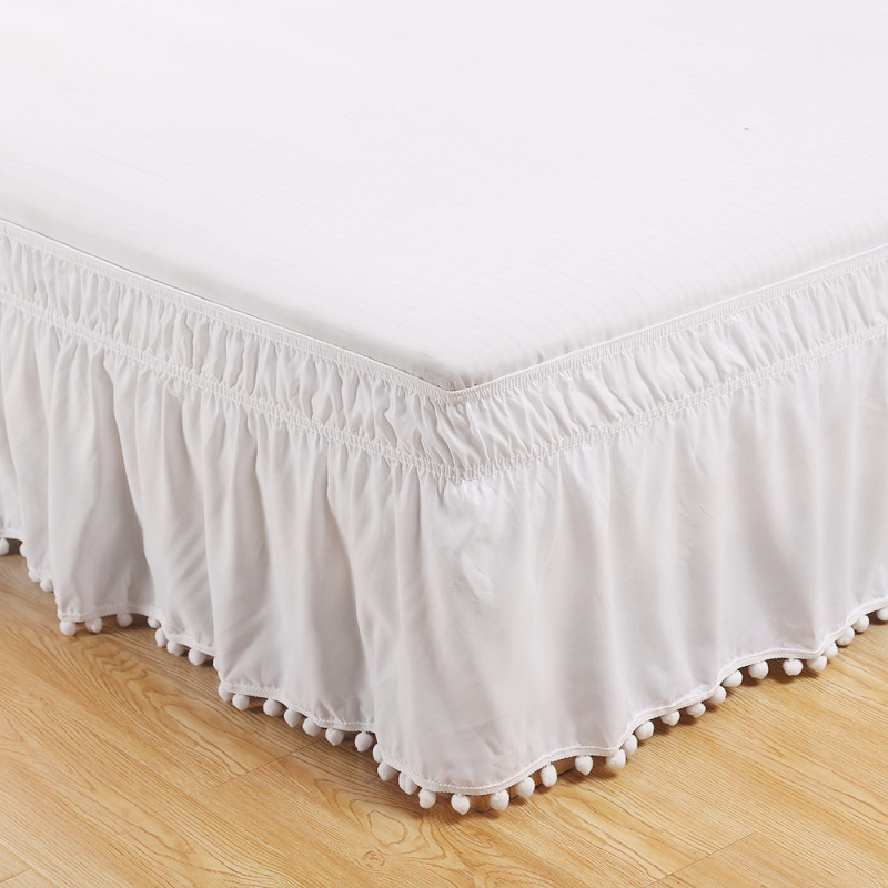 Ruffled Pom Pom Fringe Bed Skirt Brushed Microfiber Elastic Wrap Around