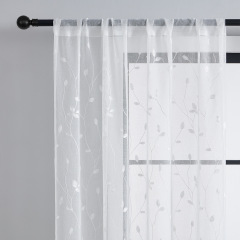 Semi Sheer Curtains Panels Embroidered Leaf Pattern Voile Window Drapes