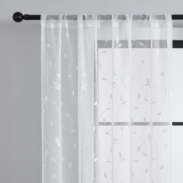 Semi Sheer Curtains Panels Embroidered Leaf Pattern Voile Window Drapes
