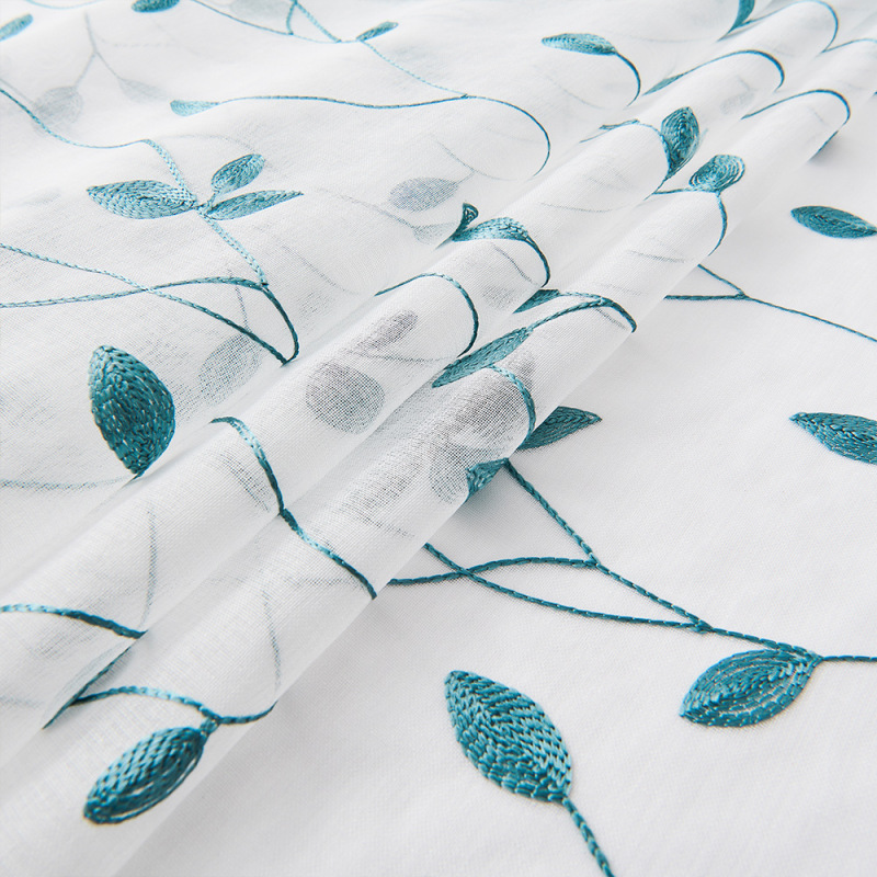 Semi Sheer Curtains Panels Embroidered Leaf Pattern Voile Window Drapes