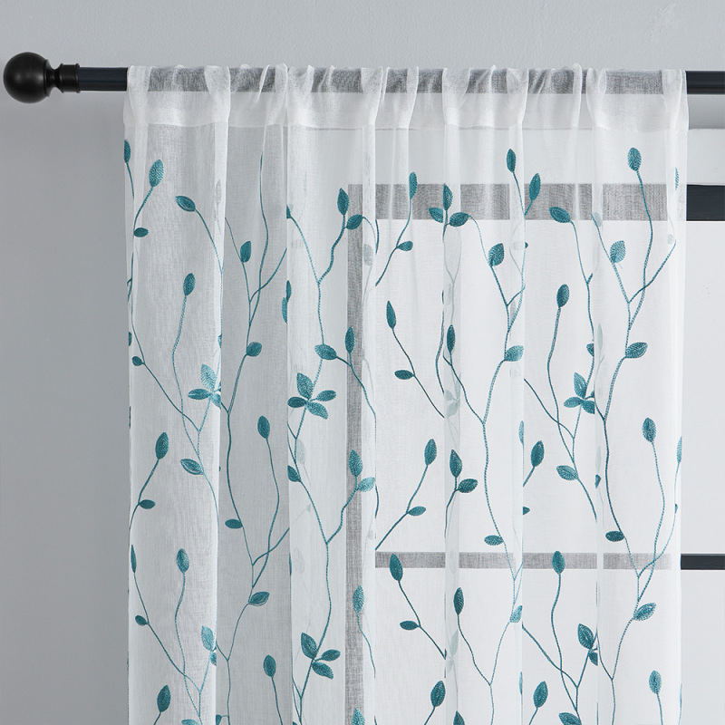 Semi Sheer Curtains Panels Embroidered Leaf Pattern Voile Window Drapes