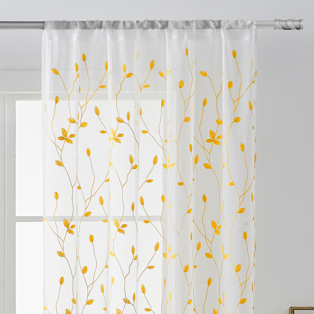 Semi Sheer Curtains Panels Embroidered Leaf Pattern Voile Window Drapes