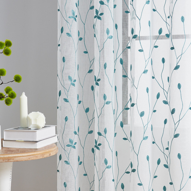Semi Sheer Curtains Panels Embroidered Leaf Pattern Voile Window Drapes