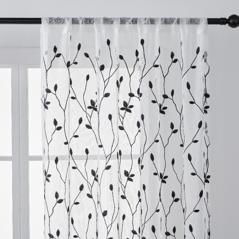 Semi Sheer Curtains Panels Embroidered Leaf Pattern Voile Window Drapes