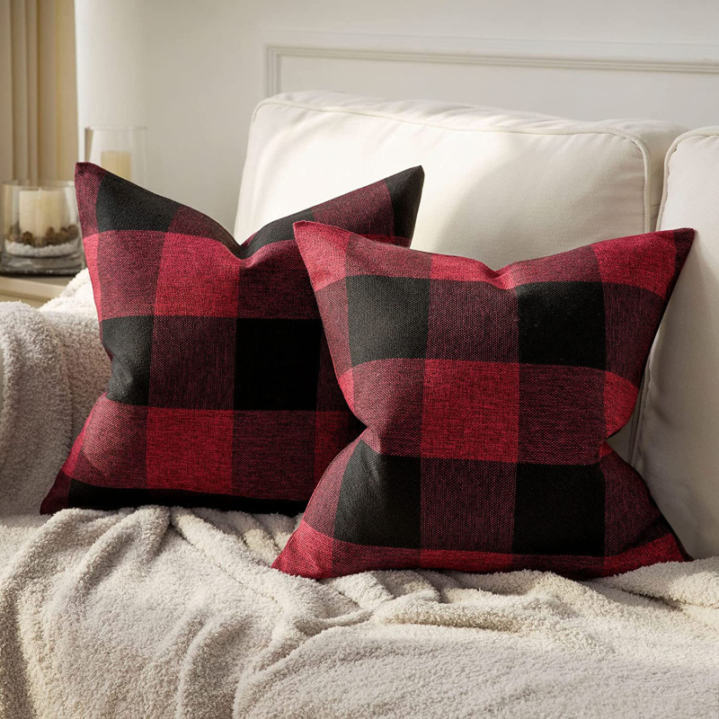 Polyester Linen Buffalo Check Throw Pillow Covers Brat Check Plaid Square Cushion Case