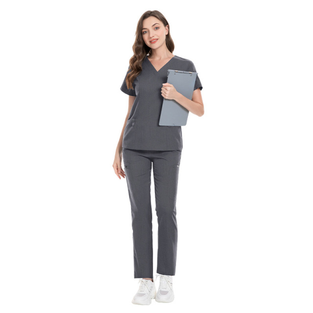 Women Scrubs Set Medical Uniform V-Neck Top Pant with Pockets