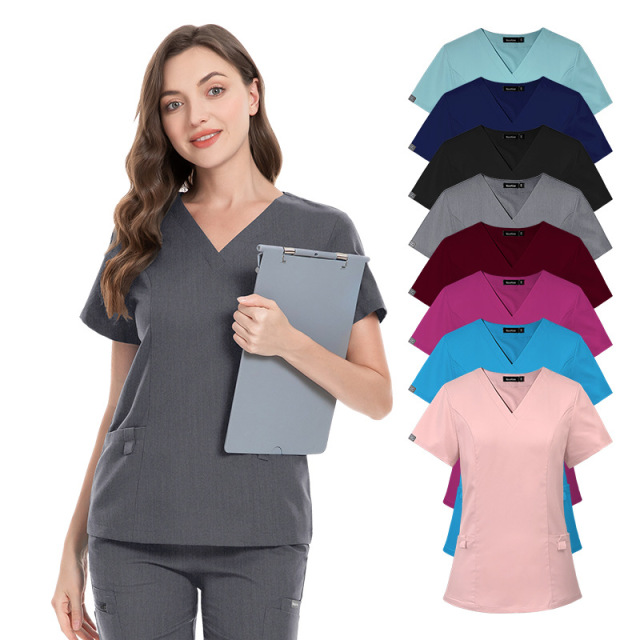 Women Scrubs Set Medical Uniform V-Neck Top Pant with Pockets