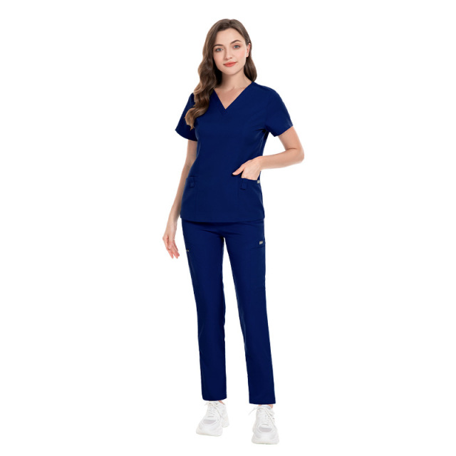 Women Scrubs Set Medical Uniform V-Neck Top Pant with Pockets