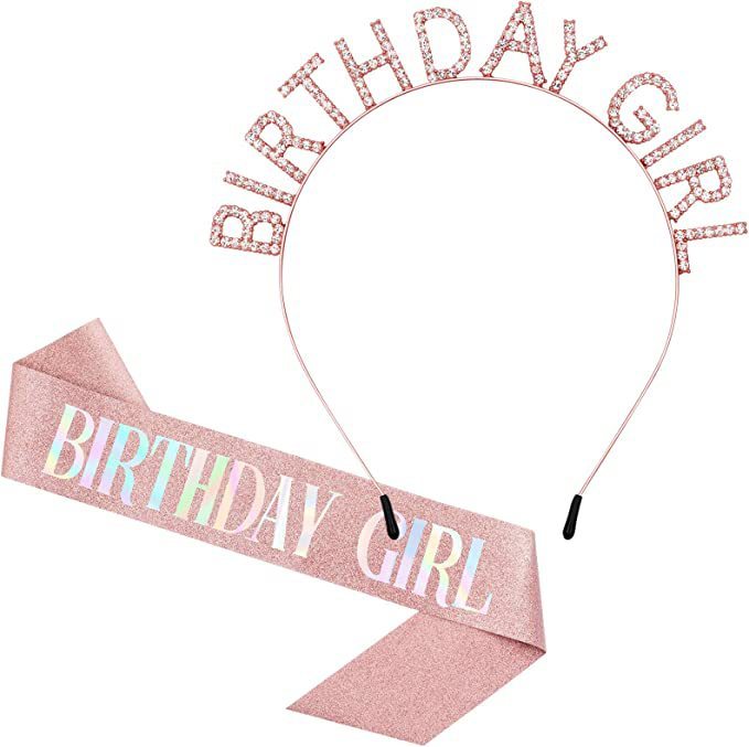 Birthday Girl Sash Birthday Crown Glitter Rose Gold Rhinestone Headband Set