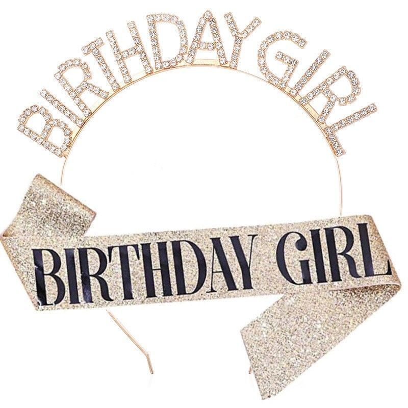 Birthday Girl Sash Birthday Crown Glitter Rose Gold Rhinestone Headband Set