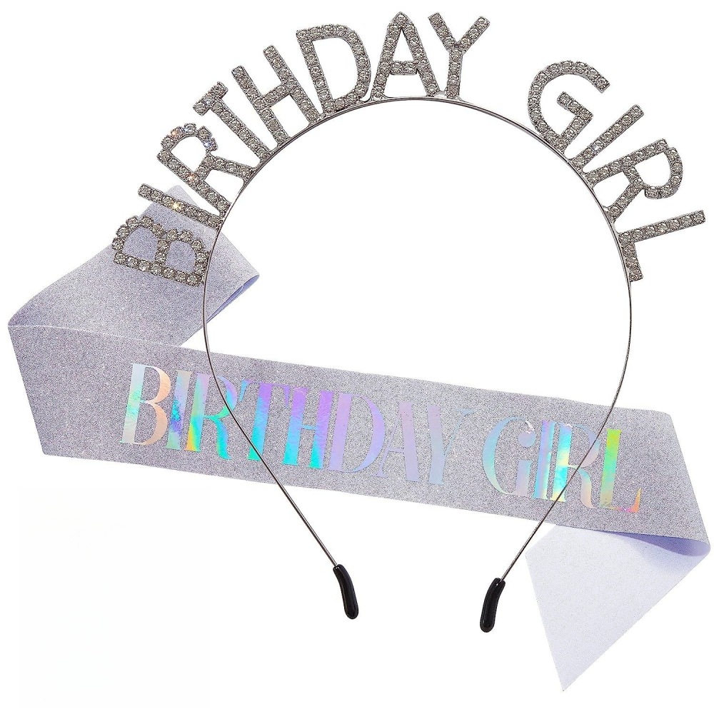 Birthday Girl Sash Birthday Crown Glitter Rose Gold Rhinestone Headband Set