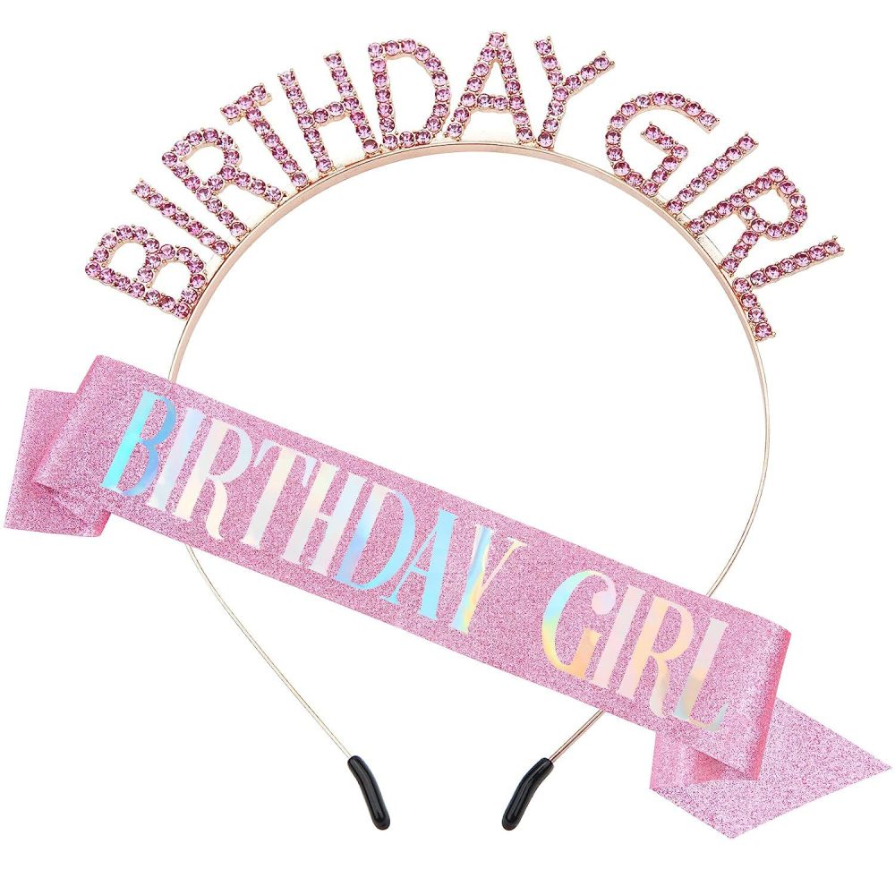 Birthday Girl Sash Birthday Crown Glitter Rose Gold Rhinestone Headband Set