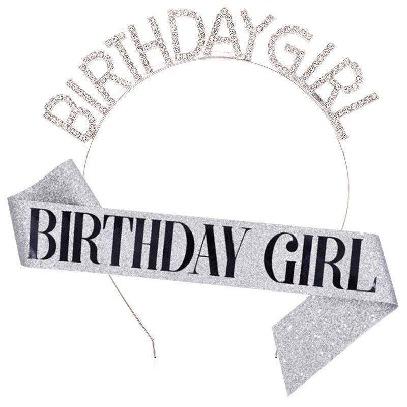 Birthday Girl Sash Birthday Crown Glitter Rose Gold Rhinestone Headband Set