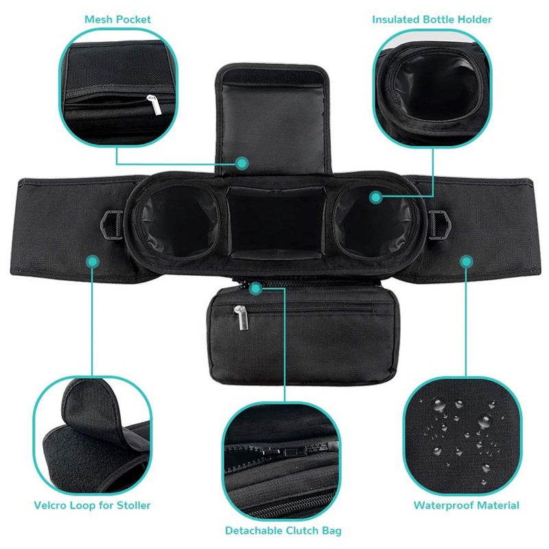 Stroller Organizer with Insulated Cup Holder Detachable Clutch Bag Velcro Loop