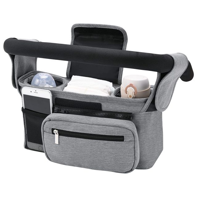 Stroller Organizer with Insulated Cup Holder Detachable Clutch Bag Velcro Loop
