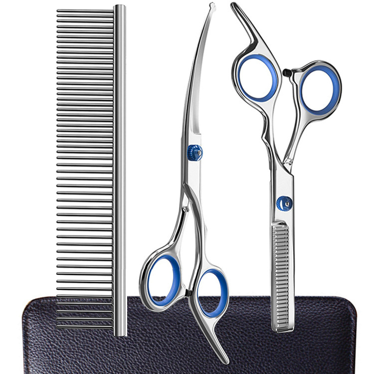 Dog Stainless Steel Grooming Scissors Comb Kit with Safety Round Tips