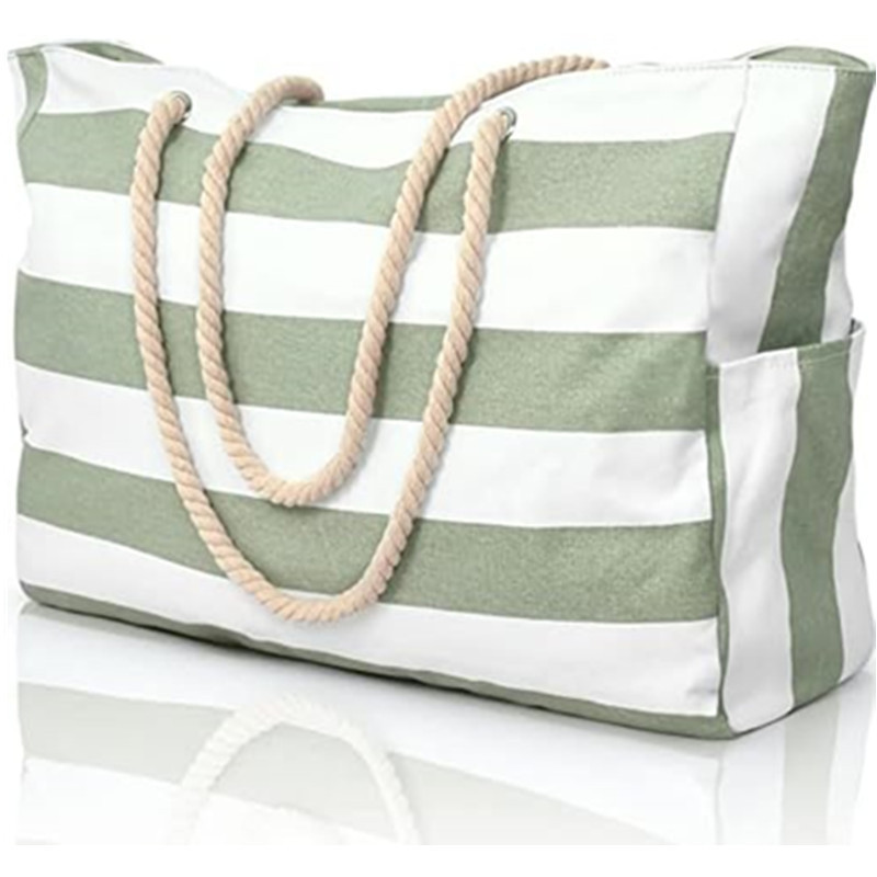 Large Waterproof Beach Bags Stripe Tote Bag with Zipper Side Pocket