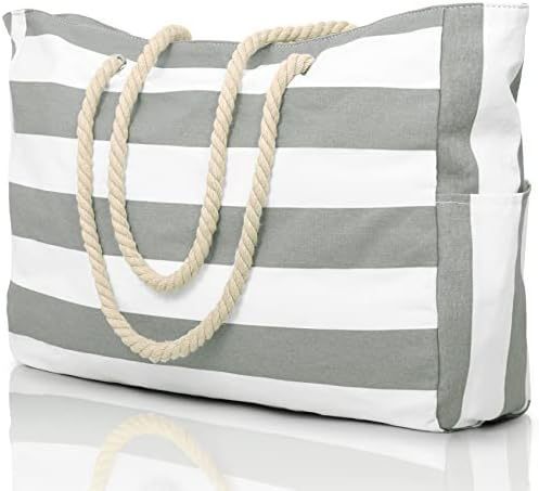 Large Waterproof Beach Bags Stripe Tote Bag with Zipper Side Pocket