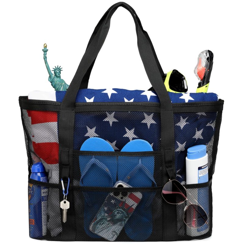 Mesh Beach Bag Large Tote Pool Bag 7 Pockets