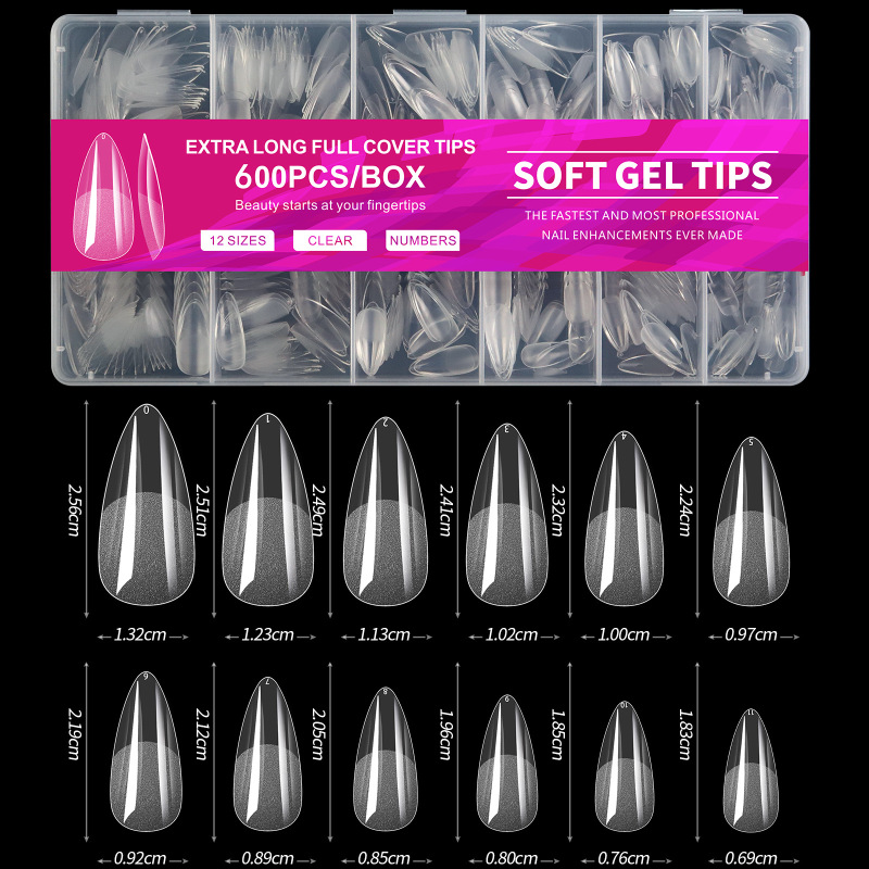 600Pcs Clear Almond False Nail Tips Pre-Shaped Acrylic Half Matte Full Cover