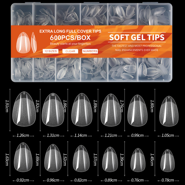 600Pcs Clear Almond False Nail Tips Pre-Shaped Acrylic Half Matte Full Cover