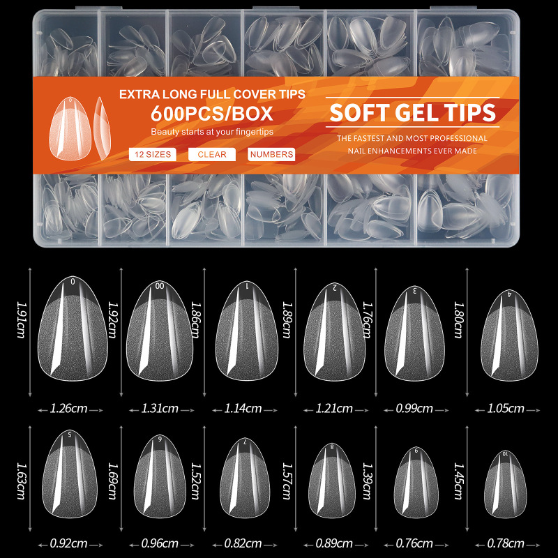 600Pcs Clear Almond False Nail Tips Pre-Shaped Acrylic Half Matte Full Cover