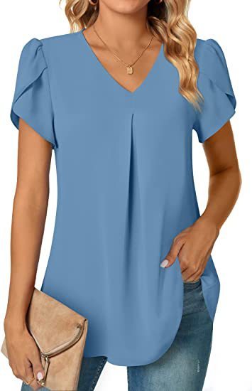 Womens V Neck Chiffon Blouses Tops Short Sleeve Loose Comfy Tee Lightweight