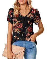 Womens V Neck Chiffon Blouses Tops Short Sleeve Loose Comfy Tee Lightweight
