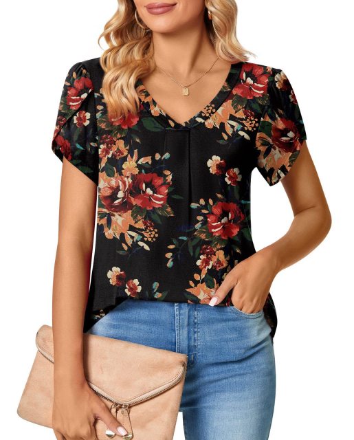 Womens V Neck Chiffon Blouses Tops Short Sleeve Loose Comfy Tee Lightweight