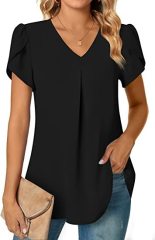 Womens V Neck Chiffon Blouses Tops Short Sleeve Loose Comfy Tee Lightweight