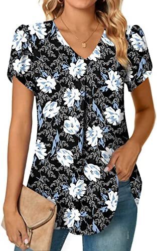 Womens V Neck Chiffon Blouses Tops Short Sleeve Loose Comfy Tee Lightweight