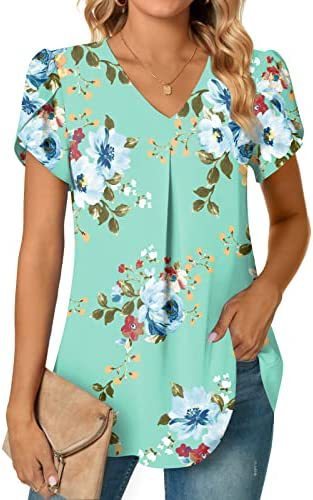 Womens V Neck Chiffon Blouses Tops Short Sleeve Loose Comfy Tee Lightweight