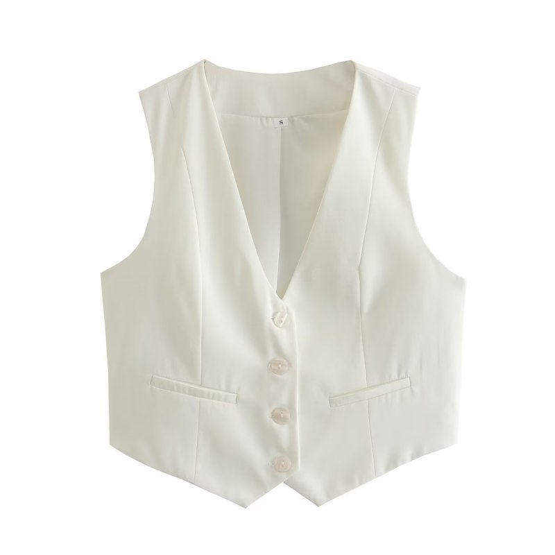 Women Cropped Casual Suit Vest Sleeveless V Neck Button Tops Regular Fitted Waistcoat