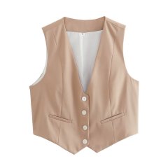 Women Cropped Casual Suit Vest Sleeveless V Neck Button Tops Regular Fitted Waistcoat