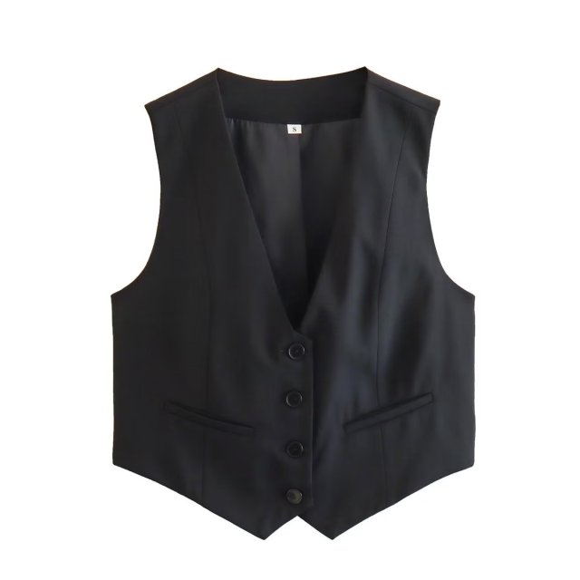 Women Cropped Casual Suit Vest Sleeveless V Neck Button Tops Regular Fitted Waistcoat