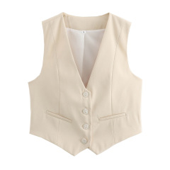 Women Cropped Casual Suit Vest Sleeveless V Neck Button Tops Regular Fitted Waistcoat