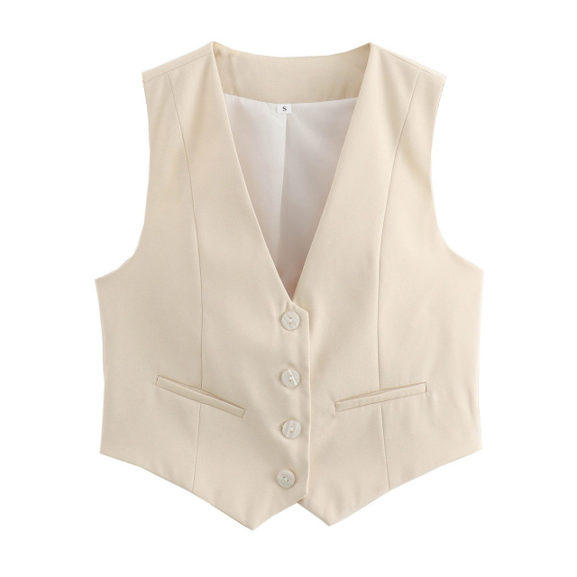 Women Cropped Casual Suit Vest Sleeveless V Neck Button Tops Regular Fitted Waistcoat