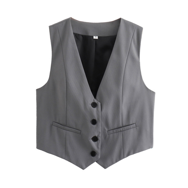 Women Cropped Casual Suit Vest Sleeveless V Neck Button Tops Regular Fitted Waistcoat